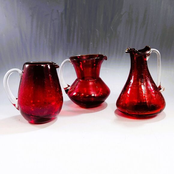 Pilgrim & Rainbow Glass Mini Pitcher Syrup Vase Set of 3 Ruby Red Crackle VTG - Picture 3 of 11